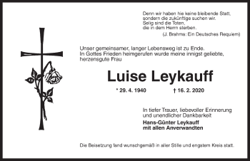 Traueranzeige von Luise Leykauff von Ansbach