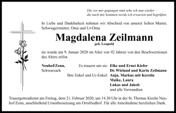 Traueranzeige von Magdalena Zeilmann von Neustadt/ Scheinfeld/ Uffenheim