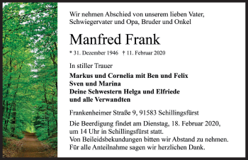 Traueranzeige von Manfred Frank von Rothenburg