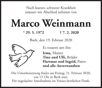 Traueranzeige von Marco Weinmann von Dinkelsbühl/ Feuchtwangen