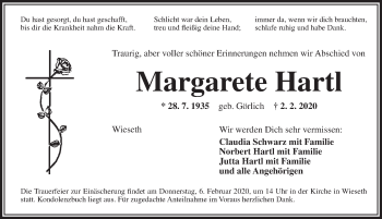 Traueranzeige von Margarete Hartl von Ansbach