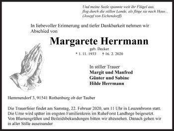 Traueranzeige von Margarete Herrmann von Rothenburg