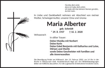 Traueranzeige von Maria Alberter von Ansbach