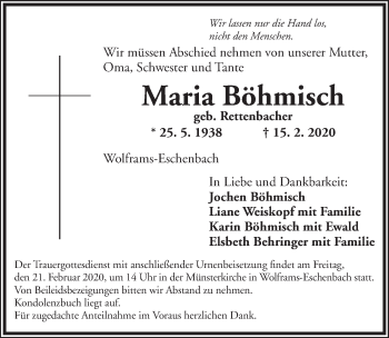 Traueranzeige von Maria Böhmisch von Ansbach