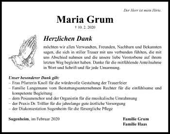 Traueranzeige von Maria Grum von Neustadt/ Scheinfeld/ Uffenheim