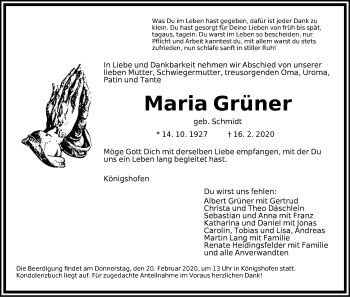 Traueranzeige von Maria Grüner von Dinkelsbühl/ Feuchtwangen