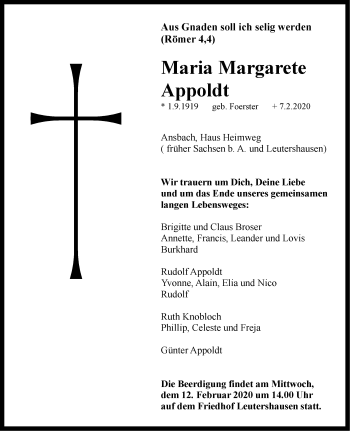 Traueranzeige von Maria Margarete Appoldt von Ansbach