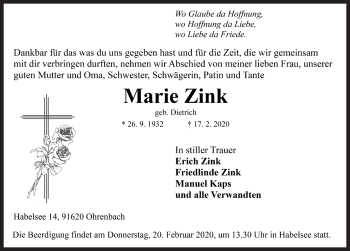 Traueranzeige von Marie Zink von Rothenburg