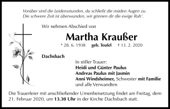 Traueranzeige von Martha Kraußer von Neustadt/ Scheinfeld/ Uffenheim