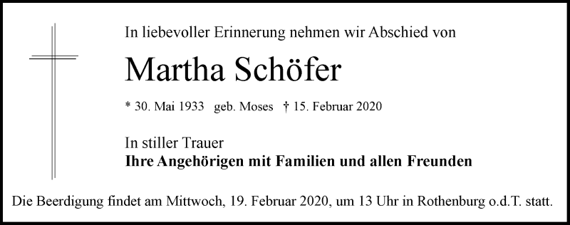  Traueranzeige für Martha Schöfer vom 18.02.2020 aus Neustadt/ Scheinfeld/ Uffenheim
