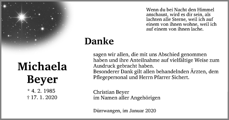  Traueranzeige für Michaela Beyer vom 04.02.2020 aus Dinkelsbühl/ Feuchtwangen