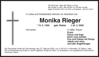 Traueranzeige von Monika Rieger von Dinkelsbühl/ Feuchtwangen