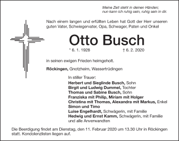 Traueranzeige von Otto Busch von Dinkelsbühl/ Feuchtwangen