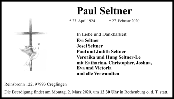 Traueranzeige von Paul Seltner von Rothenburg