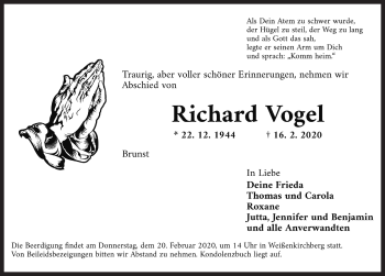 Traueranzeige von Richard Vogel von Rothenburg