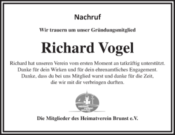 Traueranzeige von Richard Vogel von Ansbach