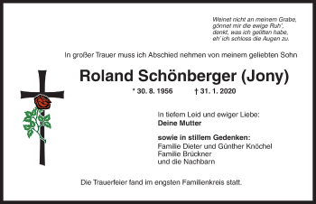 Traueranzeige von Roland Schönberger von Ansbach