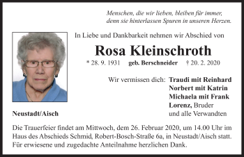 Traueranzeige von Rosa Kleinschroth von Neustadt/ Scheinfeld/ Uffenheim