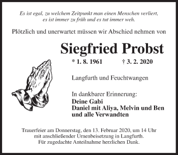 Traueranzeige von Siegfried Probst von Dinkelsbühl/ Feuchtwangen