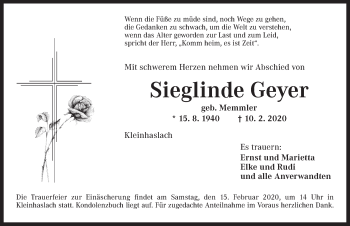 Traueranzeige von Sieglinde Geyer von Ansbach