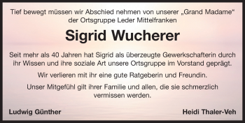 Traueranzeige von Sigrid Wucherer von Neustadt/ Scheinfeld/ Uffenheim