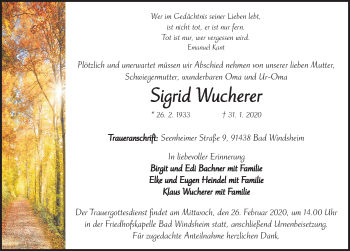 Traueranzeige von Sigrid Wucherer von Neustadt/ Scheinfeld/ Uffenheim