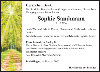 Traueranzeige von Sophie Sandmann von Neustadt/ Scheinfeld/ Uffenheim