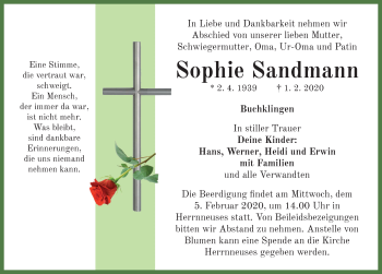 Traueranzeige von Sophie Sandmann von Neustadt/ Scheinfeld/ Uffenheim