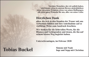 Traueranzeige von Tobias Buckel von Dinkelsbühl/ Feuchtwangen