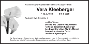 Traueranzeige von Vera Kleeberger von Ansbach