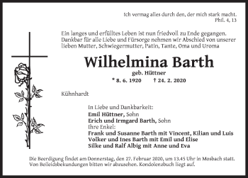 Traueranzeige von Wilhelmina Barth von Dinkelsbühl/ Feuchtwangen