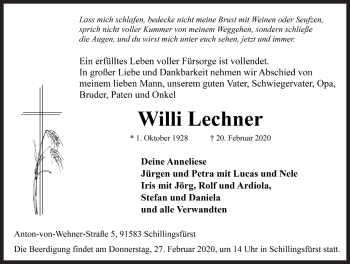 Traueranzeige von Willi Lechner von Rothenburg