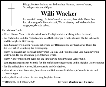 Traueranzeige von Willi Wacker von Rothenburg