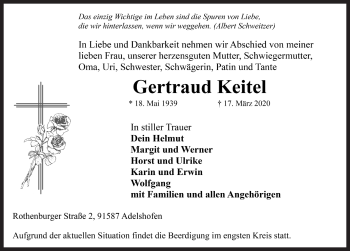 Traueranzeige von Gertraud Keitel von  ROTHENBURG