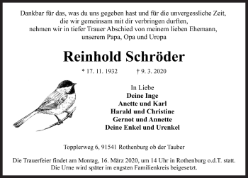 Traueranzeige von Reinhold Schröder von ROTHENBURG