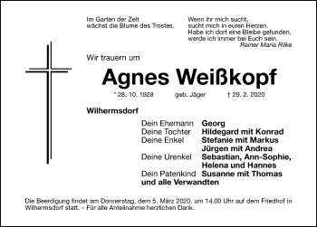 Traueranzeige von Agnes Weißkopf von Neustadt/ Scheinfeld/ Uffenheim