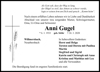 Traueranzeige von Anni Gugel von Neustadt/ Scheinfeld/ Uffenheim