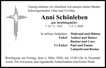 Traueranzeige von Anni Schönleben von Neustadt/ Scheinfeld/ Uffenheim