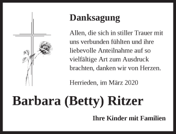 Traueranzeige von Barbara  Ritzer von Dinkelsbühl/ Feuchtwangen