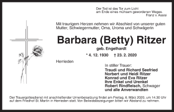 Traueranzeige von Barbara  Ritzer von Dinkelsbühl/ Feuchtwangen