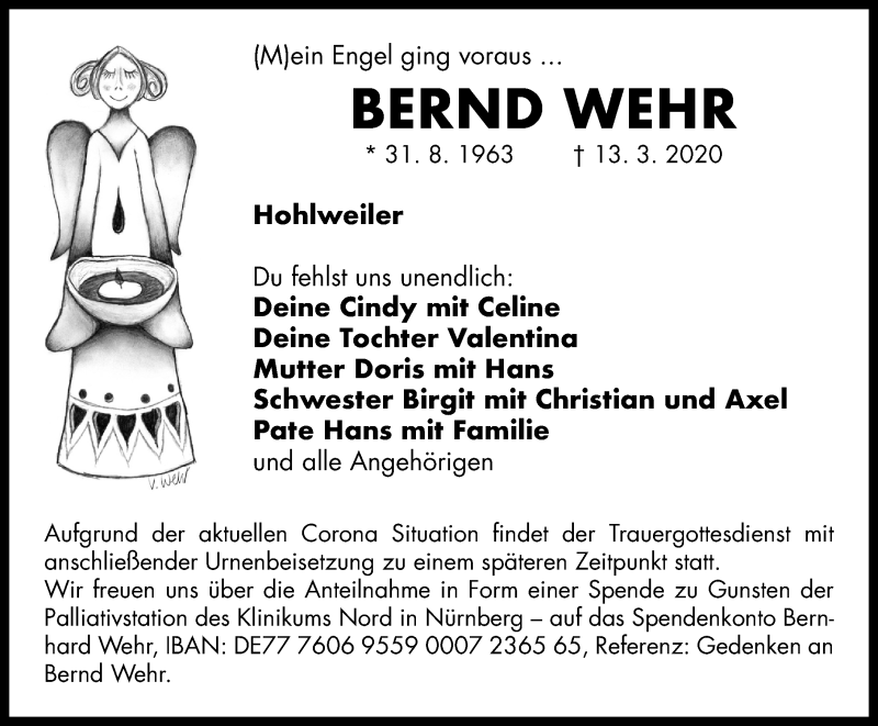  Traueranzeige für Bernd Wehr vom 19.03.2020 aus Neustadt/ Scheinfeld/ Uffenheim