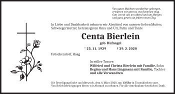 Traueranzeige von Centa Bierlein von Ansbach