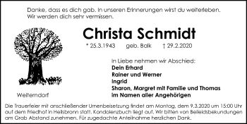 Traueranzeige von Christa Schmidt von Ansbach