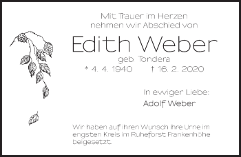 Traueranzeige von Edith Weber von Ansbach