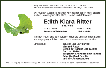 Traueranzeige von Edith Klara Ritter von Dinkelsbühl/ Feuchtwangen