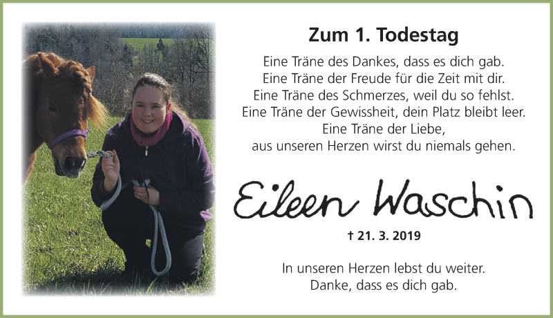  Traueranzeige für Eileen Waschin vom 21.03.2020 aus Ansbach