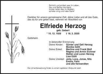 Traueranzeige von Elfriede Herzog von Dinkelsbühl/ Feuchtwangen