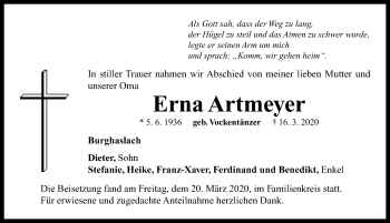 Traueranzeige von Erna Artmeyer von Neustadt/ Scheinfeld/ Uffenheim