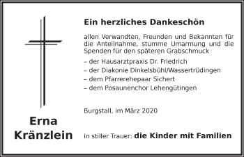 Traueranzeige von Erna Kränzlein von Dinkelsbühl/ Feuchtwangen