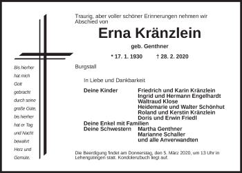 Traueranzeige von Erna Kränzlein von Dinkelsbühl/ Feuchtwangen